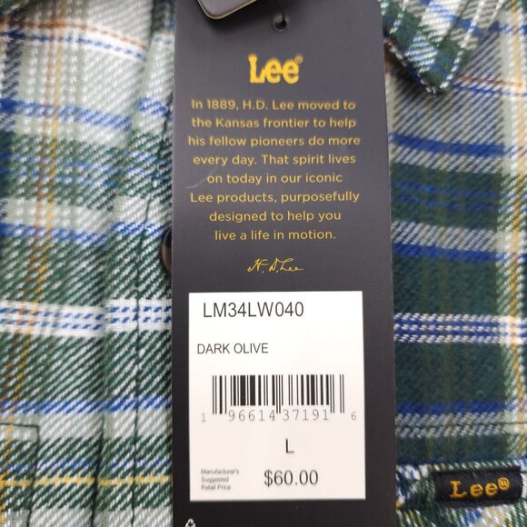 Lee Mens Flannel L Plaid Button-Up Shirt Double Chest Pockets Soft Handfeel - Picture 4 of 9